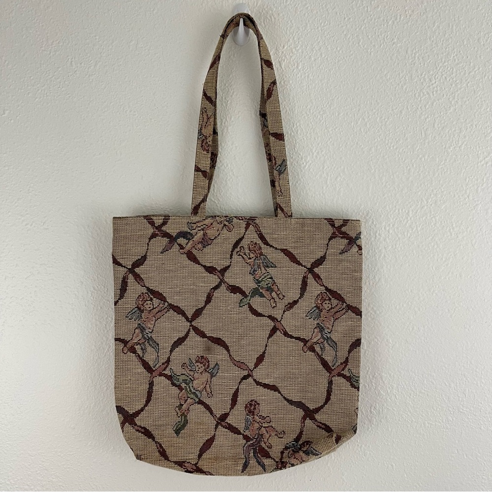Vintage 90s Tan Brown Cherub Angels Tapestry Carpet Shoulder Shopping Tote Bag